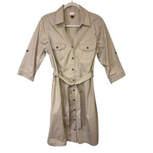 Sonoma Life Style Khaki Tan Utility Shirt Dress‎ Belted Button Front Large